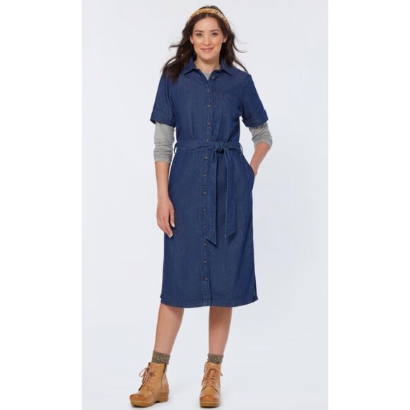 DULUTH TRADING CO. Dark Indigo Blue Button-Up Denim Midi Dress NWT Size Small - Picture 1 of 11